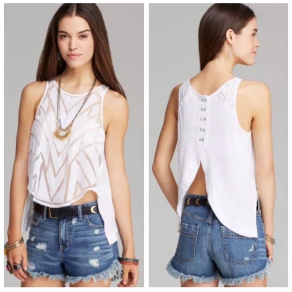 Free People White and Tan Geometric Tank Top